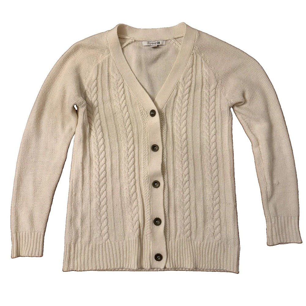 Forever 21 Womens M Cream Cable Knit Cardigan Button Front Preppy Ivory Sweater